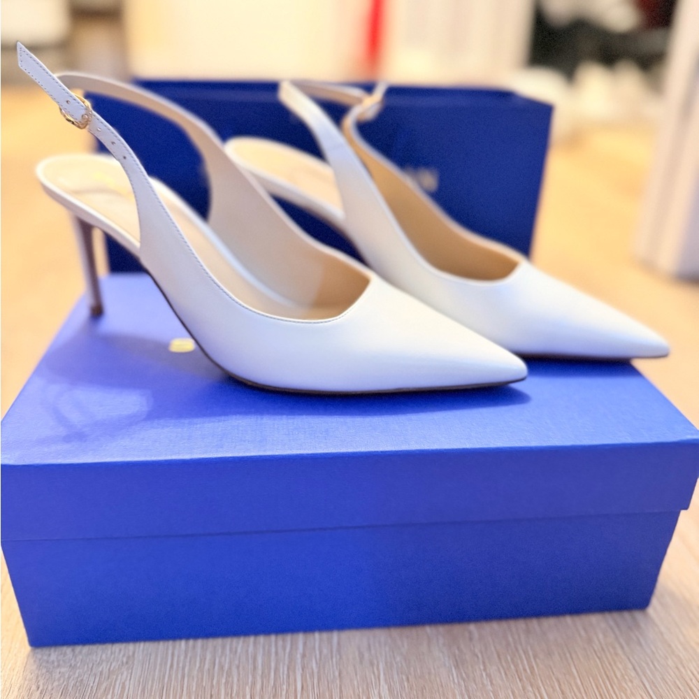 Stuart Weitzman White Pointed-Toe Slingback Heels